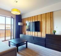Wohnzimmer einer 2-Zimmer-Wohnung mit Sofa, Fernseher und Balkontüren.