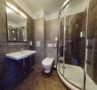Badezimmer mit dunklen Fliesen, Duschkabine und Toilette in einer Zweizimmerwohnung.
