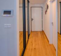 Flur mit Spiegelschränken in einer 3-Zimmer-Wohnung, weiße Wände, Holzboden.