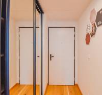 Ein Flur mit Spiegeltüren und Holzboden in einer 3-Zimmer-Wohnung.