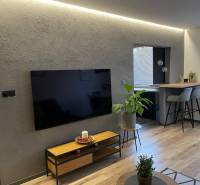 Wohnzimmer in einer 3-Zimmer-Wohnung mit modernem Fernseher, Pflanzen und einer Bar mit hohen Stühlen.