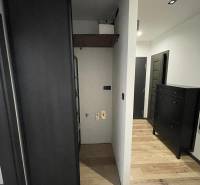 Der Flur in der 3-Zimmer-Wohnung mit Holzboden und dunklen Möbeln.