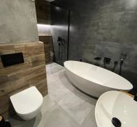 Badezimmer in einer 3-Zimmer-Wohnung mit freistehender Badewanne, Dusche und Waschbecken.