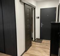 Eingangsflur zu einer 3-Zimmer-Wohnung mit Holzböden und dunklen Schiebetüren.