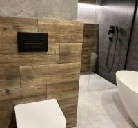 Badezimmer mit Dusche, Badewanne, Holzverkleidung in einer 3-Zimmer-Wohnung.