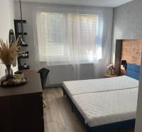 Helles Schlafzimmer in einer 3-Zimmer-Wohnung mit Bett und Holzelementen.