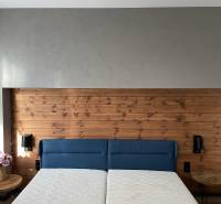 Helles Schlafzimmer in einer 3-Zimmer-Wohnung mit einer Holzwand und einem blauen Bett.