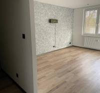 Ein leerer Raum in einer 3-Zimmer-Wohnung mit Holzboden und einer strukturierten Wand.