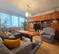 Wohnzimmer einer 3-Zimmer-Wohnung in der Bárdošova-Straße, eingerichtet mit bequemen Möbeln und Holzschränken.