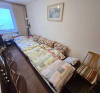 Ein Zimmer mit einem ausziehbaren Sofa und einem Sessel in einer 3-Zimmer-Wohnung, eingerichtet mit Möbeln und Dekorationen.