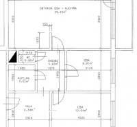 Grundriss einer 3-Zimmer-Wohnung mit Küche, zwei Zimmern und einem Badezimmer.