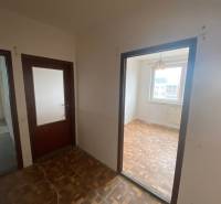 Flur in einer 3-Zimmer-Wohnung mit Holztüren und Holzboden.
