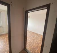 Flur in einer 3-Zimmer-Wohnung, Parkettboden, Zugang zu zwei Räumen, Fenster mit Aussicht.