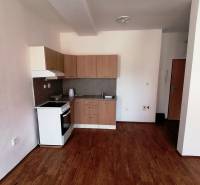 Küche mit Küchenzeile und Herd in einer 2-Zimmer-Wohnung.