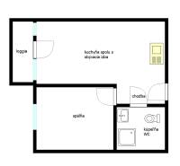 Grundriss einer Zweizimmerwohnung mit Loggia, Küche verbunden mit Wohnzimmer, Schlafzimmer und Badezimmer.