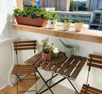 Ein Balkon in einer 3-Zimmer-Wohnung mit Pflanzen, einem Tisch und Blick auf die Belinského-Straße in Petržalka.