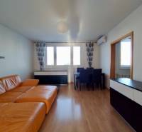 Wohnzimmer in einer 3-Zimmer-Wohnung mit einem orangefarbenen Sofa und einem Boden in Holzoptik.