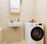 Badezimmer in einer 2-Zimmer-Wohnung mit Waschbecken, Waschmaschine und Handtuchhalter.