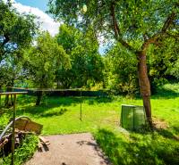 Der Garten des Einfamilienhauses in der Straße Lúky in Lúky, umgeben von Bäumen und Grün.