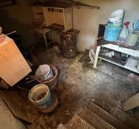 Alter Keller eines Einfamilienhauses mit einem Tisch, Eimern und Werkzeugen in einem dunklen Raum.