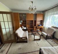 Wohnzimmer in einem Einfamilienhaus mit Sofas, Holzmöbeln und einem großen Fenster.