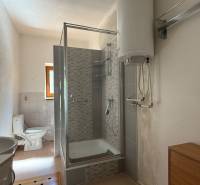 Badezimmer in einem Einfamilienhaus mit Waschbecken, Dusche, Toilette und kleinem Fenster.