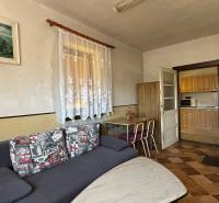 Interieur eines Einfamilienhauses mit Sofa, Tisch und Küche.