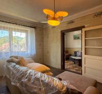 Wohnzimmer eines Einfamilienhauses mit Sofa, Fenster, Kronleuchter und Blick nach draußen.