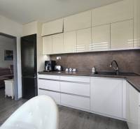 Eine Küche in einer 3-Zimmer-Wohnung mit moderner Ausstattung und angrenzendem Wohnzimmer, helle Farbtöne.