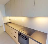 Küche in einer 2-Zimmer-Wohnung mit moderner Arbeitsplatte und eingebauten Geräten.
