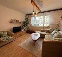 Wohnzimmer mit hellem Sofa, Sessel, Fernseher und Holzmöbeln in einer 2-Zimmer-Wohnung.