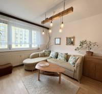 Wohnzimmer in einer Zweizimmerwohnung mit Sofa, Tisch und Pflanzen.