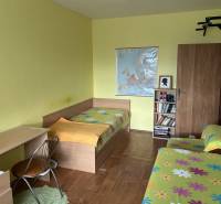 Ein Zimmer in einer 2-Zimmer-Wohnung mit Betten, einem Schreibtisch und einem Bücherregal.