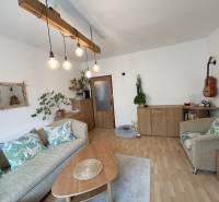 Obývačka in einer 2-Zimmer-Wohnung mit Sofa, Blumen und Gitarre an der Wand.