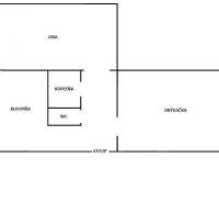 Grundriss einer 2-Zimmer-Wohnung mit Küche, Badezimmer und Wohnzimmer.