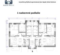 Grundriss des Erdgeschosses eines Apartmenthauses für Hotels und Pensionen.