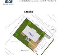 Grundriss eines Apartmenthauses, der Parkplätze und Grünflächen in Dolná Strehová kennzeichnet.