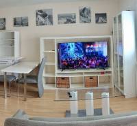 Wohnzimmer in einer Zweizimmerwohnung mit Fernseher, Sofa und Esstisch.