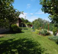 Der Garten der Hütte in Klížska Nemá, umgeben von Grün und blauem Himmel.