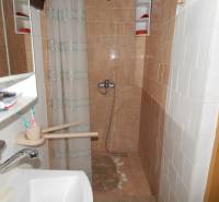 Ein Badezimmer in einer Hütte mit braunen Fliesen, einer Dusche und einem Waschbecken.