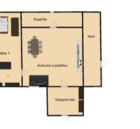 Grundriss eines Einfamilienhauses mit Küche, Esszimmer, Zimmer und Eingangshalle.