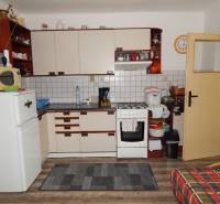 Küche in einer Hütte mit Holzboden, Schränken und Geräten.