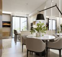 Esstisch mit Pflanzen und Beleuchtung in einer 3-Zimmer-Wohnung, modernes Interieur.