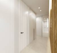 Ein minimalistischer Flur in einer 3-Zimmer-Wohnung mit weißen Wänden und Holzverkleidung.