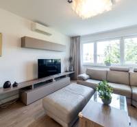 Wohnzimmer in einer 4-Zimmer-Wohnung mit Sofa, Fernseher, Klimaanlage und großem Fenster.