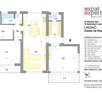 Grundriss einer 4-Zimmer-Wohnung mit Küche, Wohnzimmer, Badezimmer und zwei Balkonen.