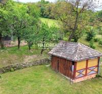 Der Garten beim Einfamilienhaus in České Brezové mit einem Holzbau und Bäumen.