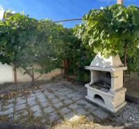 Ein Garten bei einem Einfamilienhaus in Veľké Blahovo mit Weinreben und einem Außenkamin.