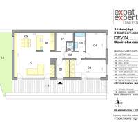 Grundriss einer 3-Zimmer-Wohnung in der Devínska-Straße, enthält eine Terrasse und einen Garten.