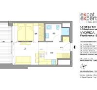 Grundriss einer 2-Zimmer-Wohnung mit Wohnzimmer, Badezimmer, Küche und Loggia.